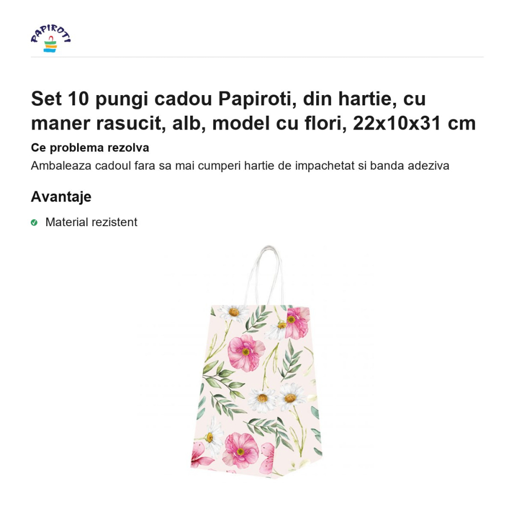 Set 10 pungi cadou Papiroti, din hartie, cu maner rasucit, alb, model cu flori, 22x10x31 cm [2]