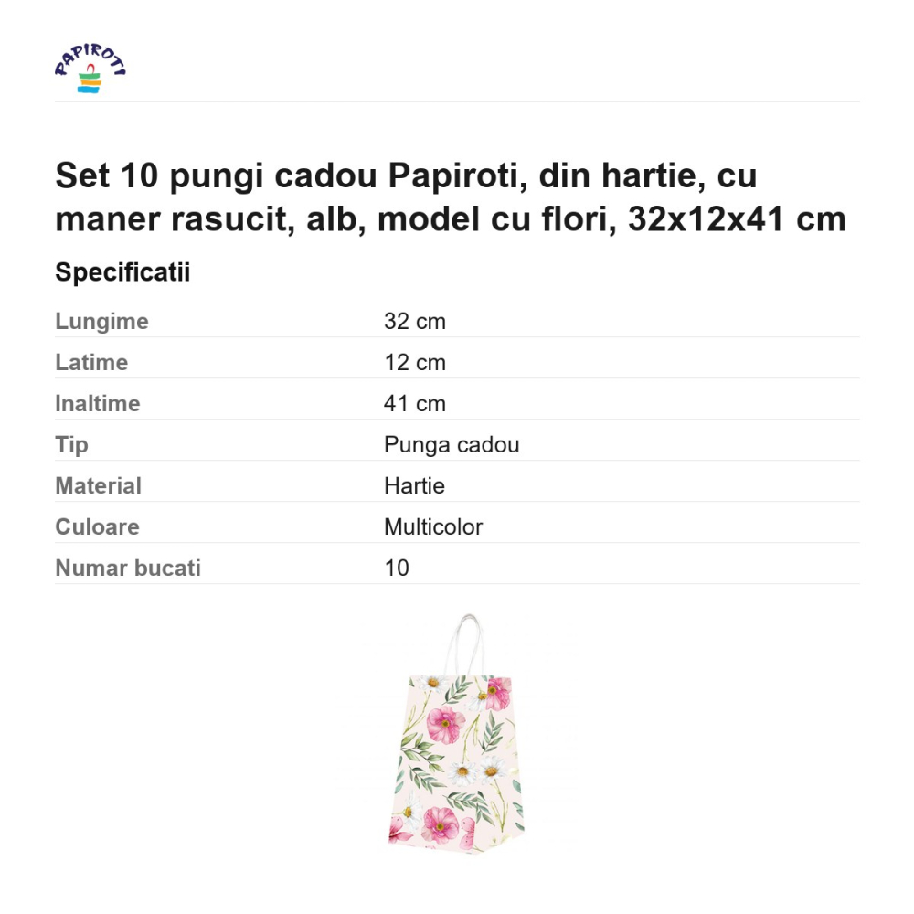 Set 10 pungi cadou Papiroti, din hartie, cu maner rasucit, alb, model cu flori, 32x12x41 cm [3]