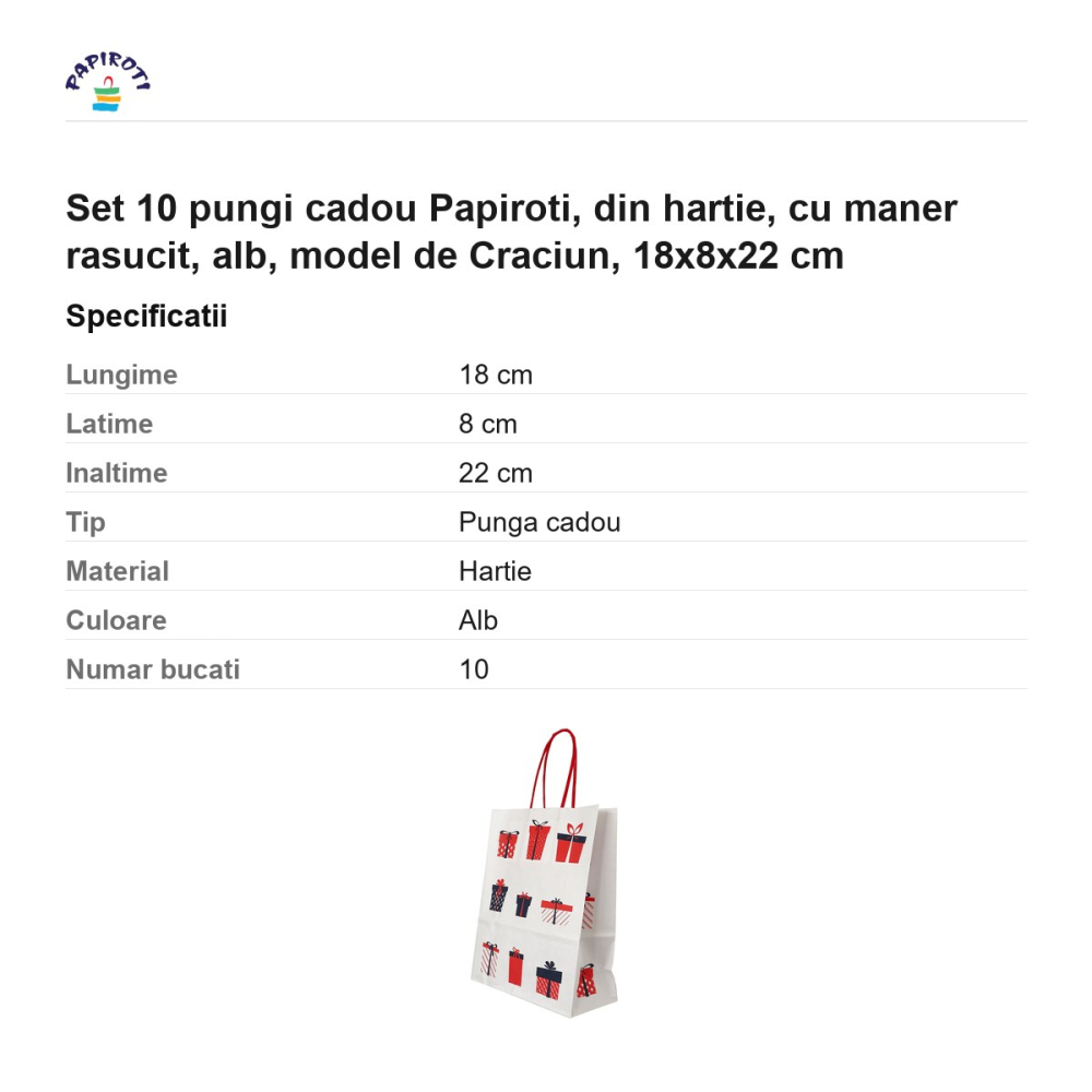 Set 10 pungi cadou Papiroti, din hartie, cu maner rasucit, alb, model de Craciun, 18x8x22 cm [3]