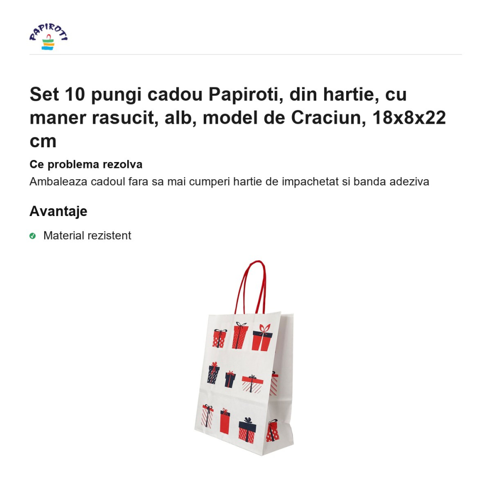 Set 10 pungi cadou Papiroti, din hartie, cu maner rasucit, alb, model de Craciun, 18x8x22 cm [2]