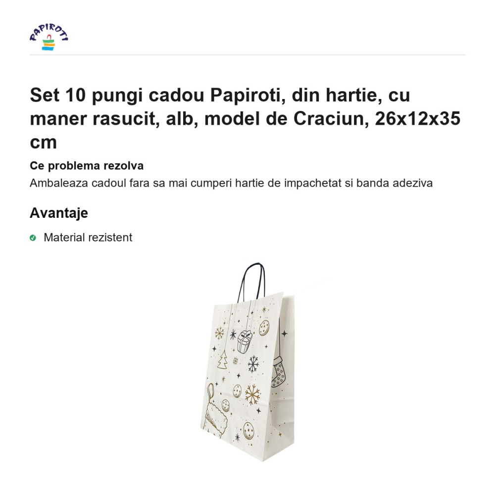 Set 10 pungi cadou Papiroti, din hartie, cu maner rasucit, alb, model de Craciun, 26x12x35 cm [2]