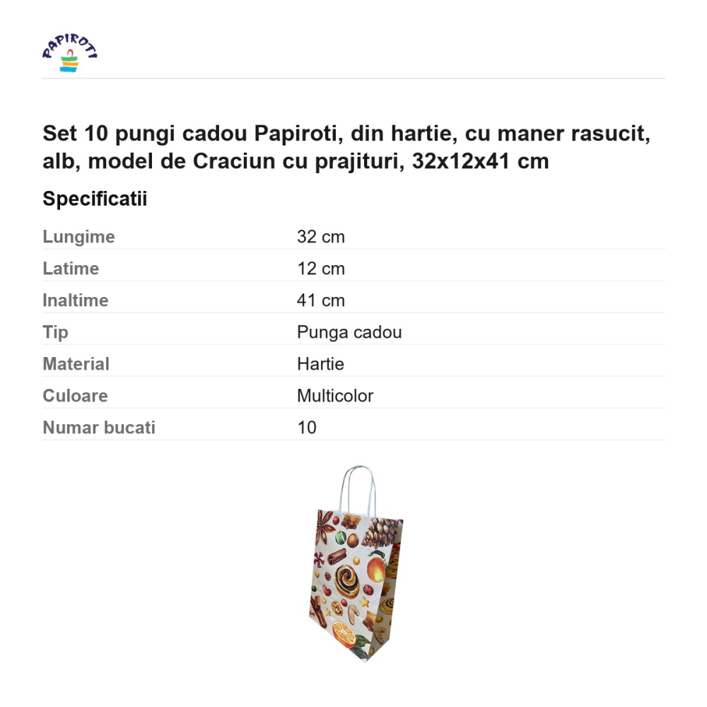 Set 10 pungi cadou Papiroti, din hartie, cu maner rasucit, alb, model de Craciun cu prajituri, 32x12x41 cm [3]