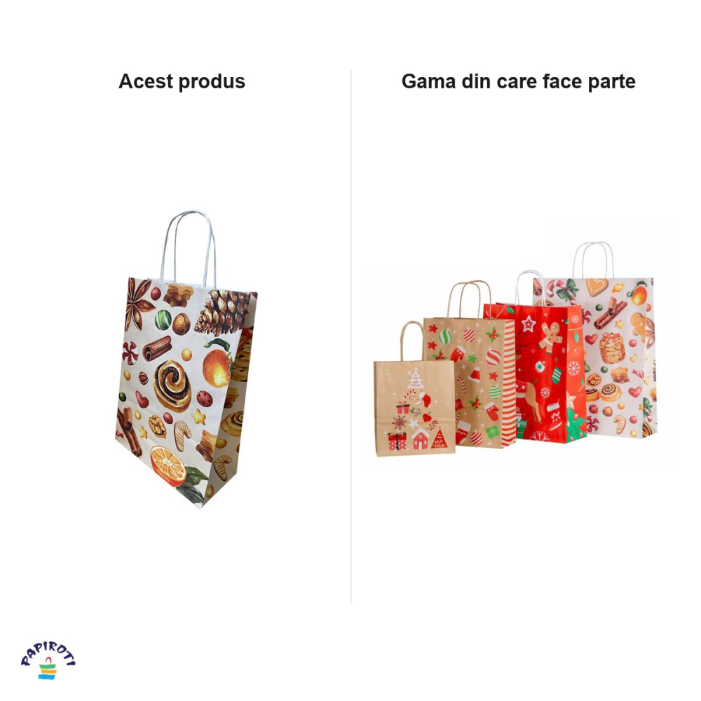 Set 10 pungi cadou Papiroti, din hartie, cu maner rasucit, alb, model de Craciun cu prajituri, 32x12x41 cm [4]
