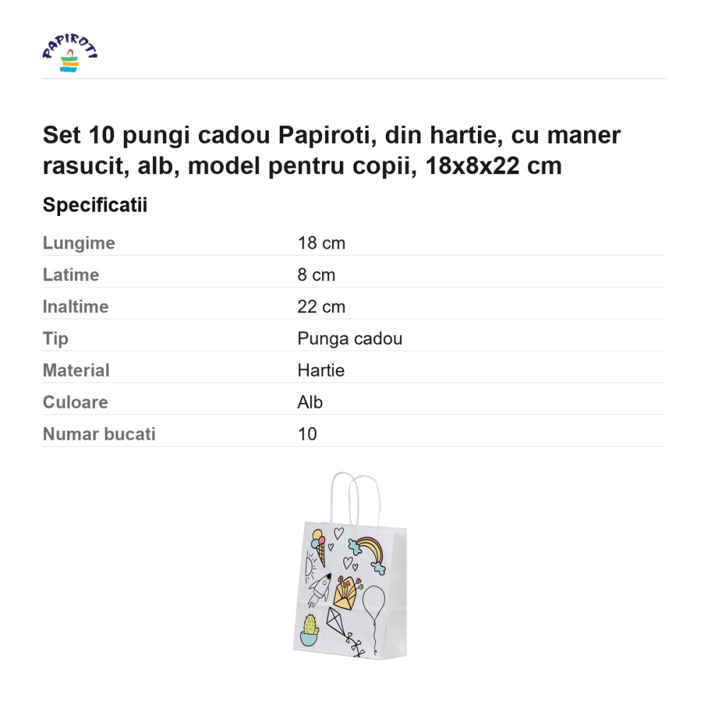 Set 10 pungi cadou Papiroti, din hartie, cu maner rasucit, alb, model pentru copii, 18x8x22 cm [3]