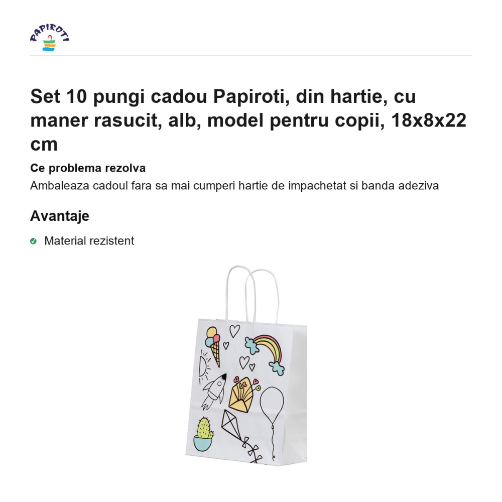 Set 10 pungi cadou Papiroti, din hartie, cu maner rasucit, alb, model pentru copii, 18x8x22 cm [2]