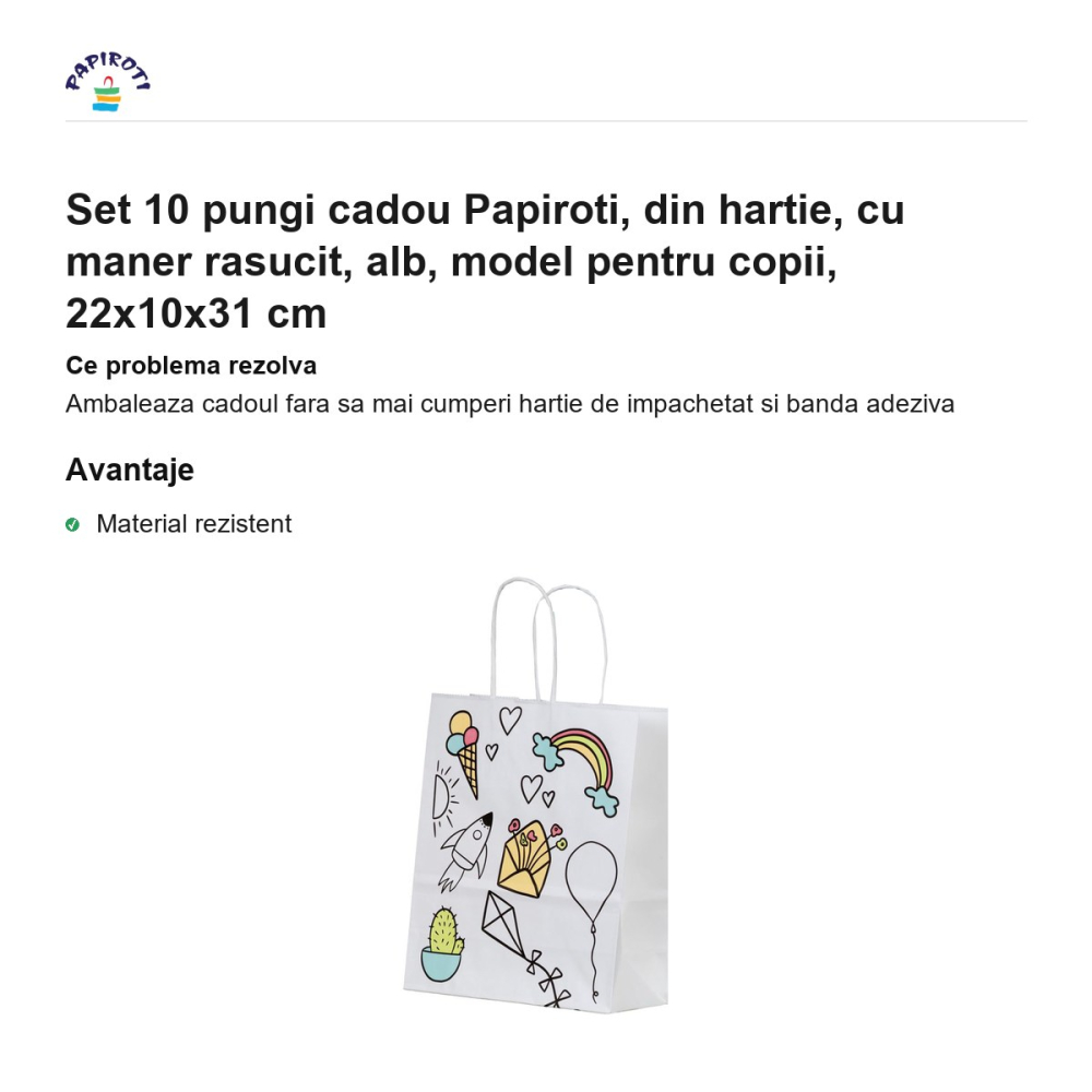 Set 10 pungi cadou Papiroti, din hartie, cu maner rasucit, alb, model pentru copii, 22x10x31 cm [2]