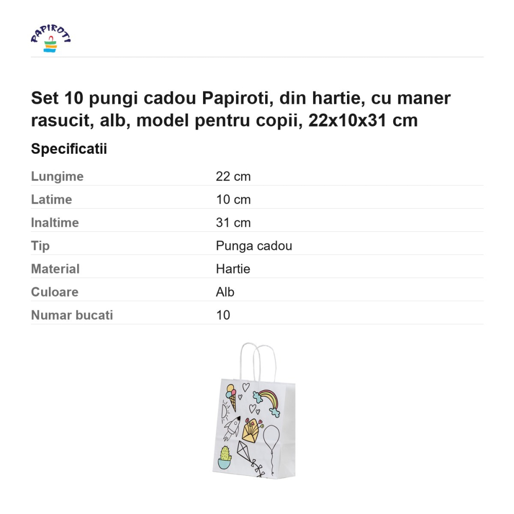 Set 10 pungi cadou Papiroti, din hartie, cu maner rasucit, alb, model pentru copii, 22x10x31 cm [3]