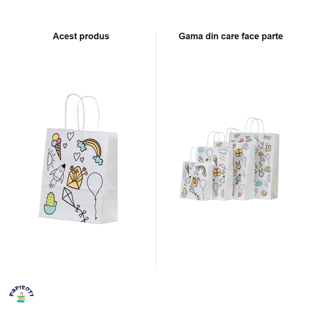 Set 10 pungi cadou Papiroti, din hartie, cu maner rasucit, alb, model pentru copii, 32x12x41 cm [4]