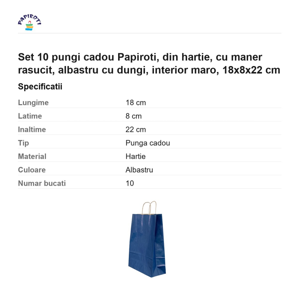 Set 10 pungi cadou Papiroti, din hartie, cu maner rasucit, albastru cu dungi, interior maro, 18x8x22 cm [3]