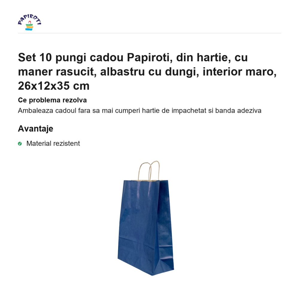 Set 10 pungi cadou Papiroti, din hartie, cu maner rasucit, albastru cu dungi, interior maro, 26x12x35 cm [2]