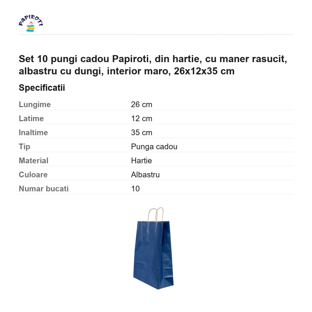 Set 10 pungi cadou Papiroti, din hartie, cu maner rasucit, albastru cu dungi, interior maro, 26x12x35 cm [3]