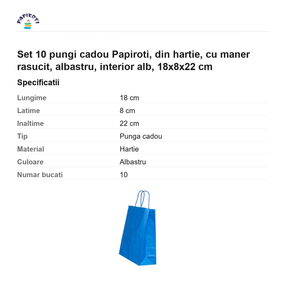 Set 10 pungi cadou Papiroti, din hartie, cu maner rasucit, albastru, interior alb, 18x8x22 cm [3]