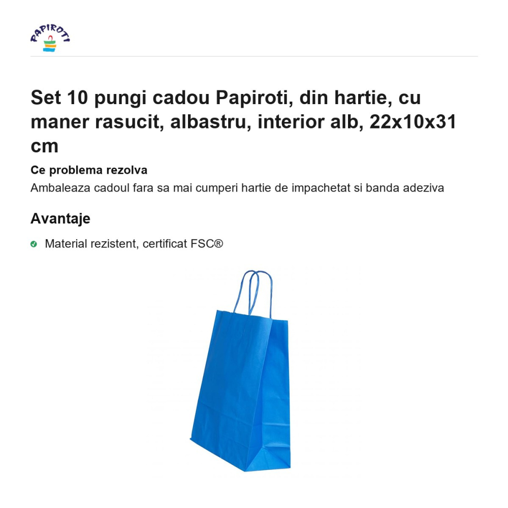 Set 10 pungi cadou Papiroti, din hartie, cu maner rasucit, albastru, interior alb, 22x10x31 cm [2]