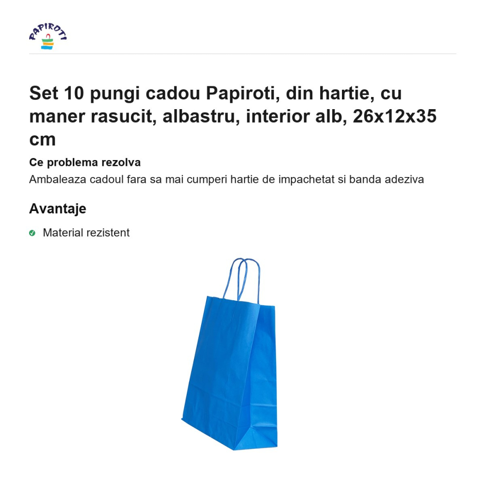 Set 10 pungi cadou Papiroti, din hartie, cu maner rasucit, albastru, interior alb, 26x12x35 cm [2]