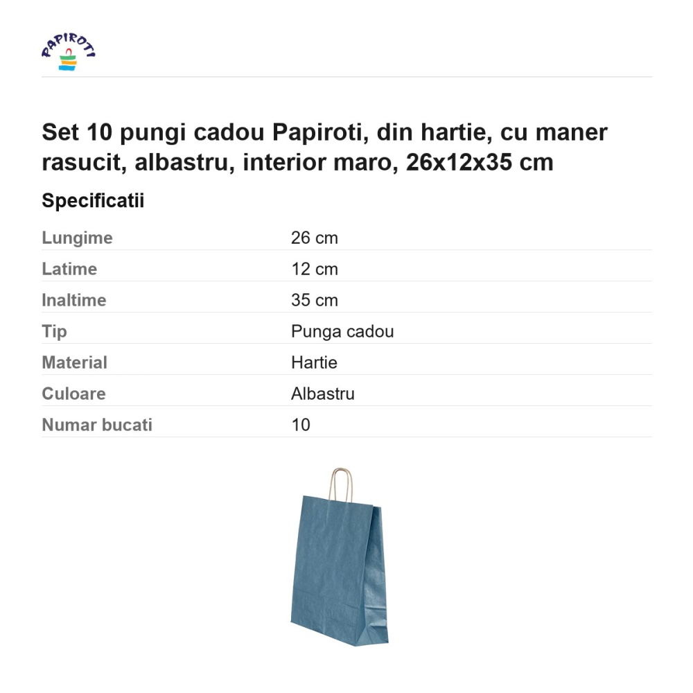 Set 10 pungi cadou Papiroti, din hartie, cu maner rasucit, albastru, interior maro, 26x12x35 cm [3]