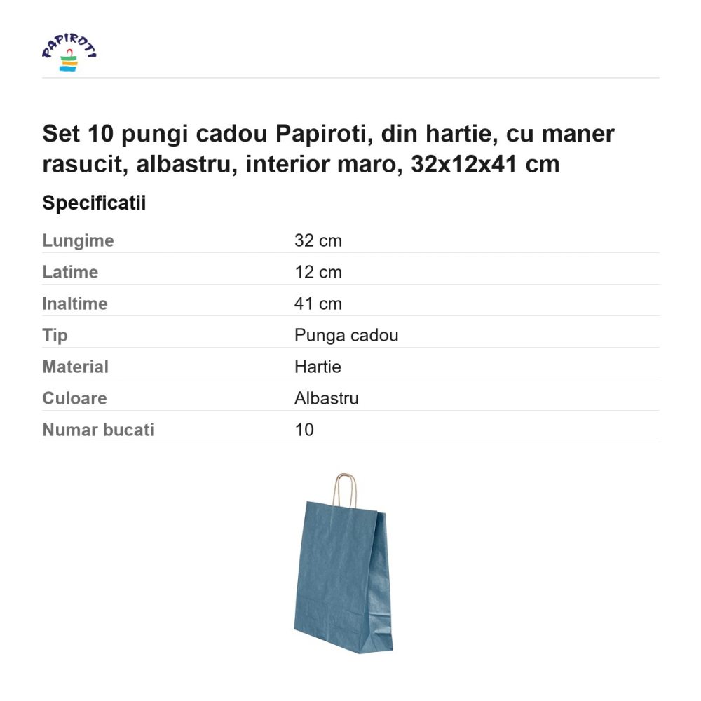 Set 10 pungi cadou Papiroti, din hartie, cu maner rasucit, albastru, interior maro, 32x12x41 cm [3]