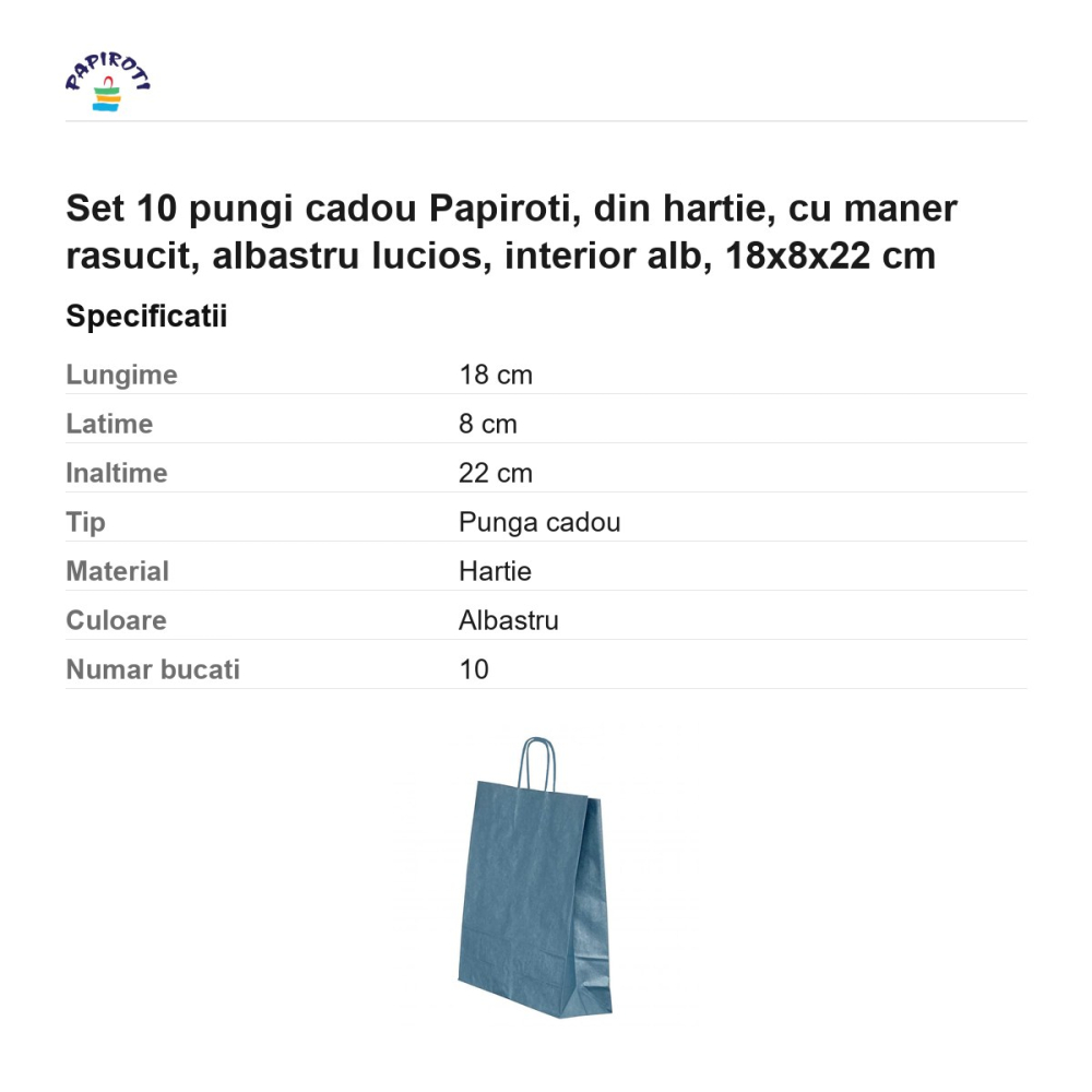 Set 10 pungi cadou Papiroti, din hartie, cu maner rasucit, albastru lucios, interior alb, 18x8x22 cm [3]
