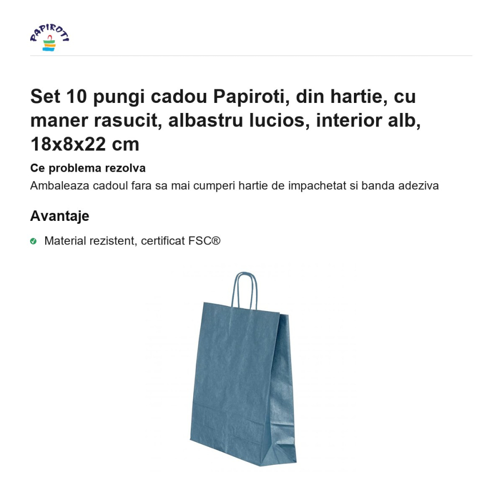 Set 10 pungi cadou Papiroti, din hartie, cu maner rasucit, albastru lucios, interior alb, 18x8x22 cm [2]