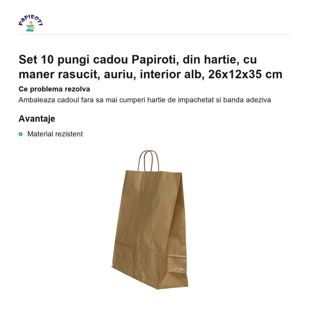 Set 10 pungi cadou Papiroti, din hartie, cu maner rasucit, auriu, interior alb, 26x12x35 cm [2]