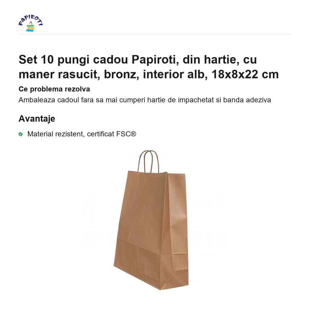 Set 10 pungi cadou Papiroti, din hartie, cu maner rasucit, bronz, interior alb, 18x8x22 cm [2]