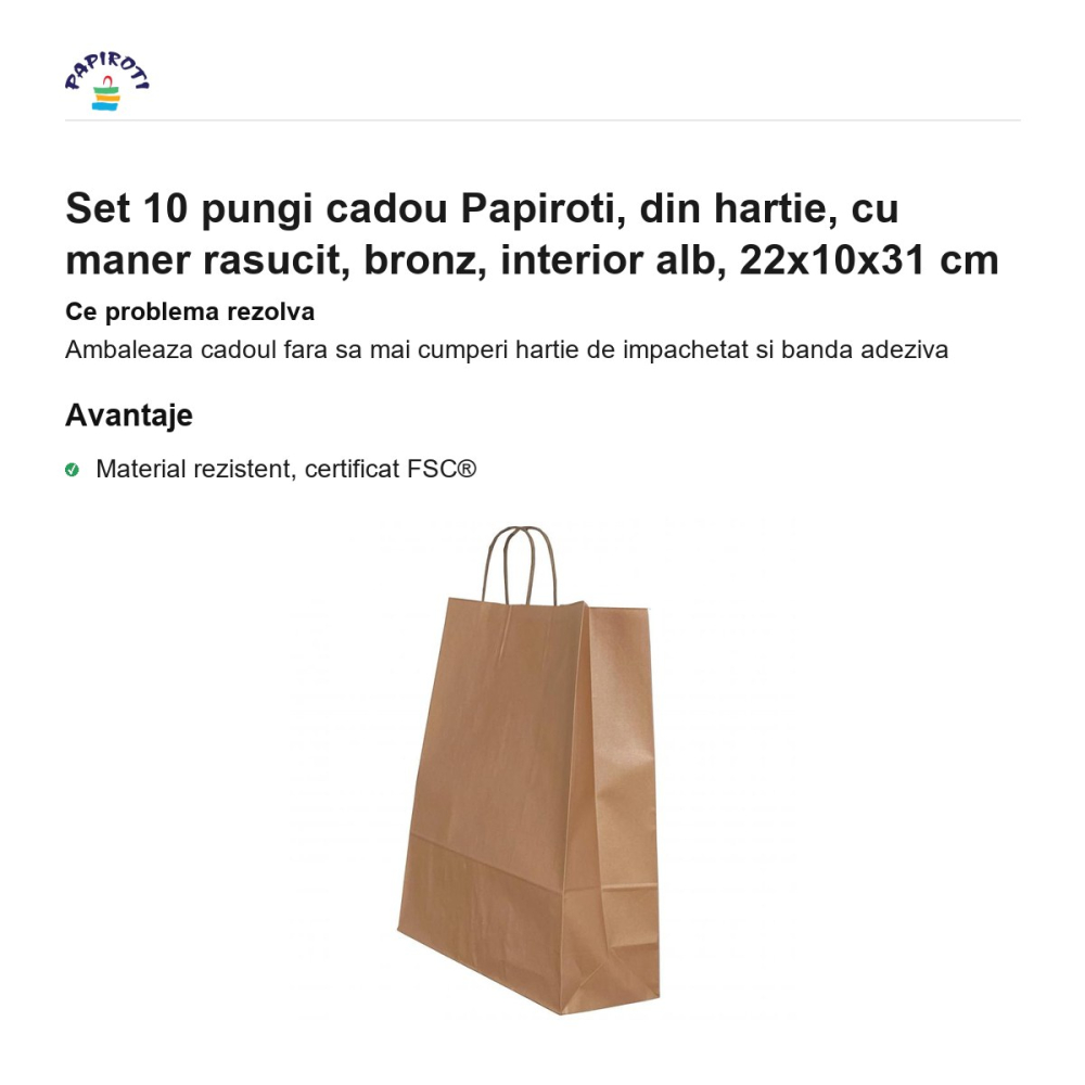 Set 10 pungi cadou Papiroti, din hartie, cu maner rasucit, bronz, interior alb, 22x10x31 cm [2]