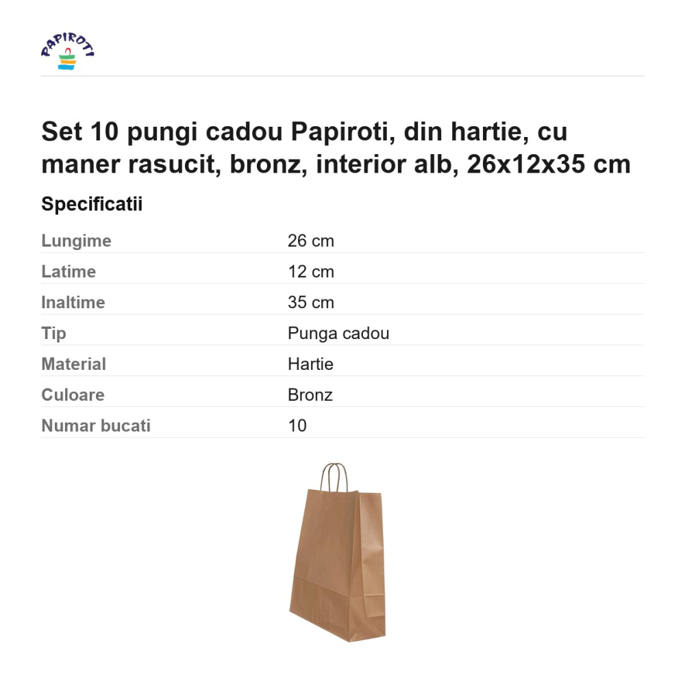 Set 10 pungi cadou Papiroti, din hartie, cu maner rasucit, bronz, interior alb, 26x12x35 cm [3]