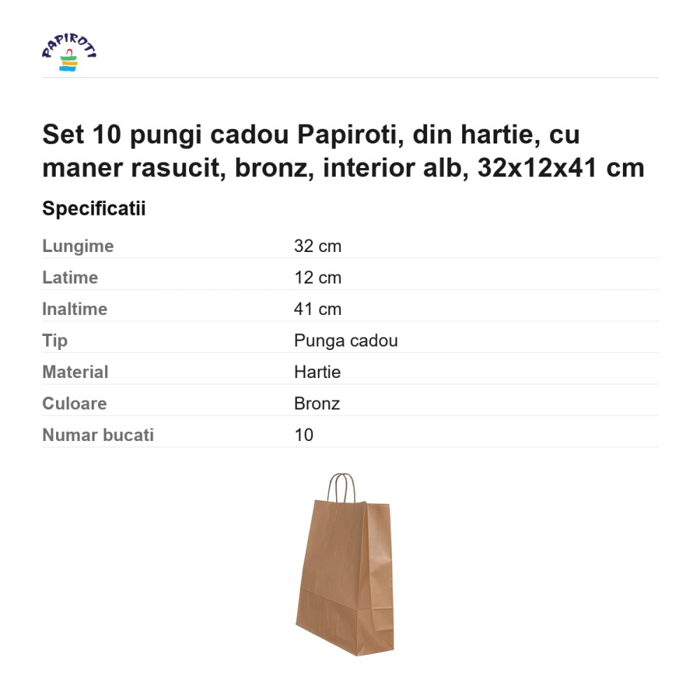Set 10 pungi cadou Papiroti, din hartie, cu maner rasucit, bronz, interior alb, 32x12x41 cm [3]