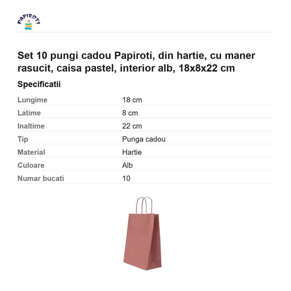Set 10 pungi cadou Papiroti, din hartie, cu maner rasucit, caisa pastel, interior alb, 18x8x22 cm [3]