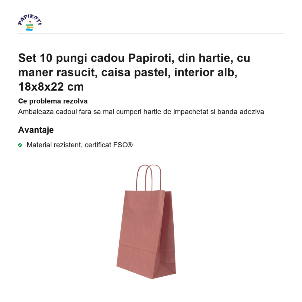 Set 10 pungi cadou Papiroti, din hartie, cu maner rasucit, caisa pastel, interior alb, 18x8x22 cm [2]