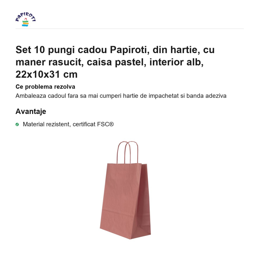 Set 10 pungi cadou Papiroti, din hartie, cu maner rasucit, caisa pastel, interior alb, 22x10x31 cm [2]