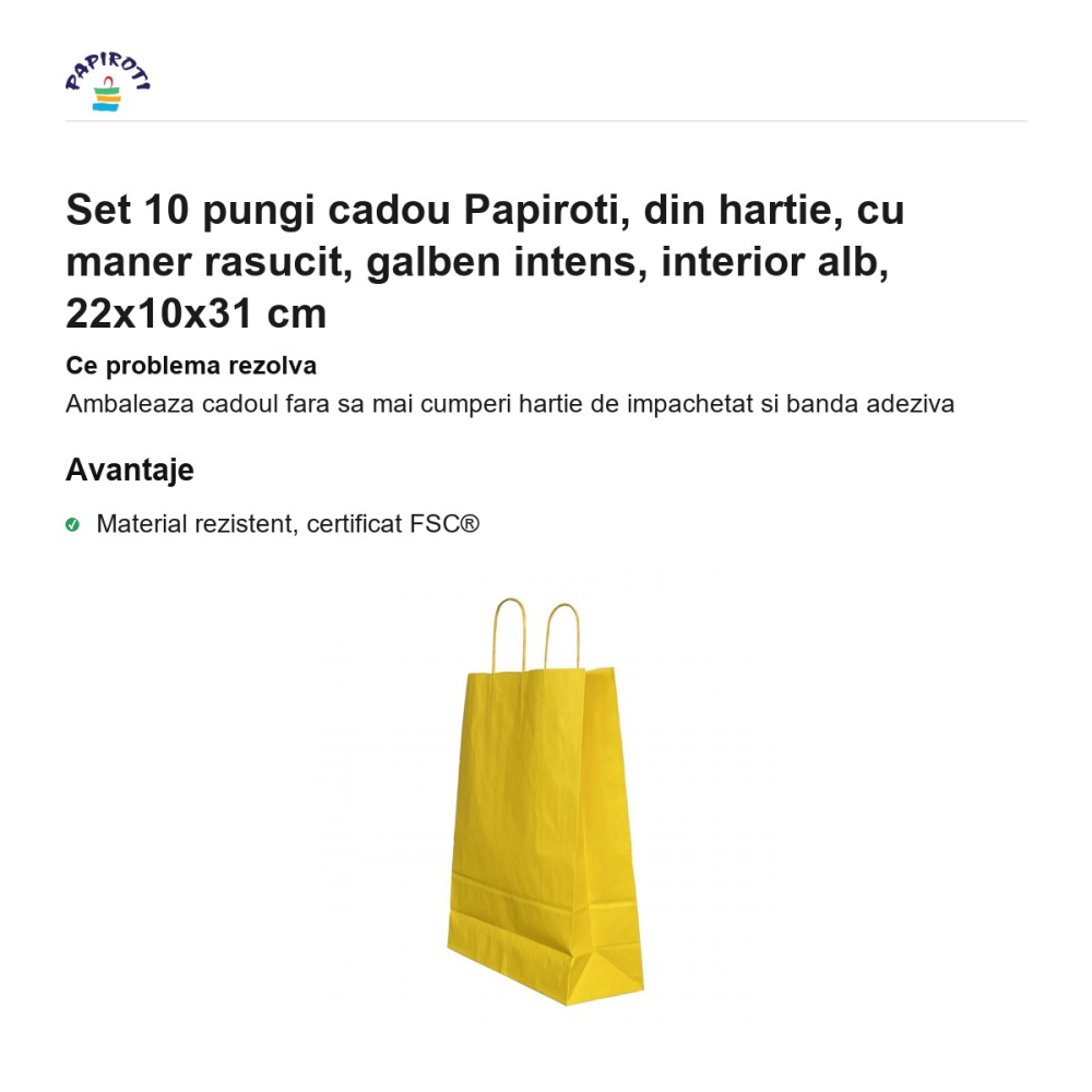 Set 10 pungi cadou Papiroti, din hartie, cu maner rasucit, galben intens, interior alb, 22x10x31 cm [2]
