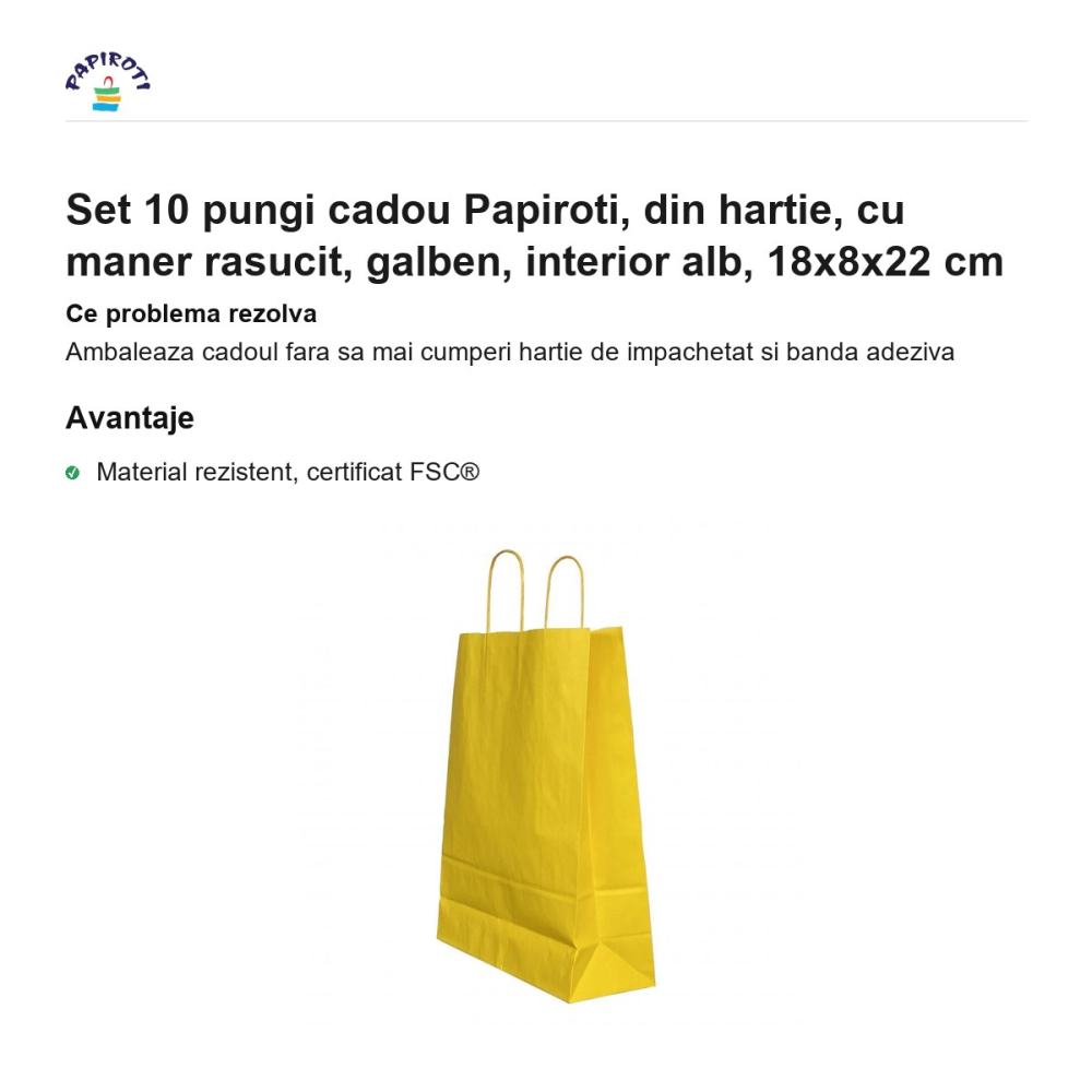 Set 10 pungi cadou Papiroti, din hartie, cu maner rasucit, galben, interior alb, 18x8x22 cm [2]