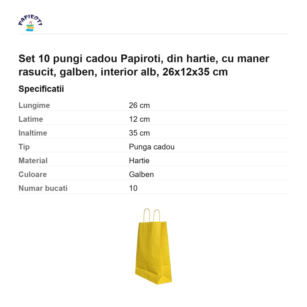 Set 10 pungi cadou Papiroti, din hartie, cu maner rasucit, galben, interior alb, 26x12x35 cm [3]