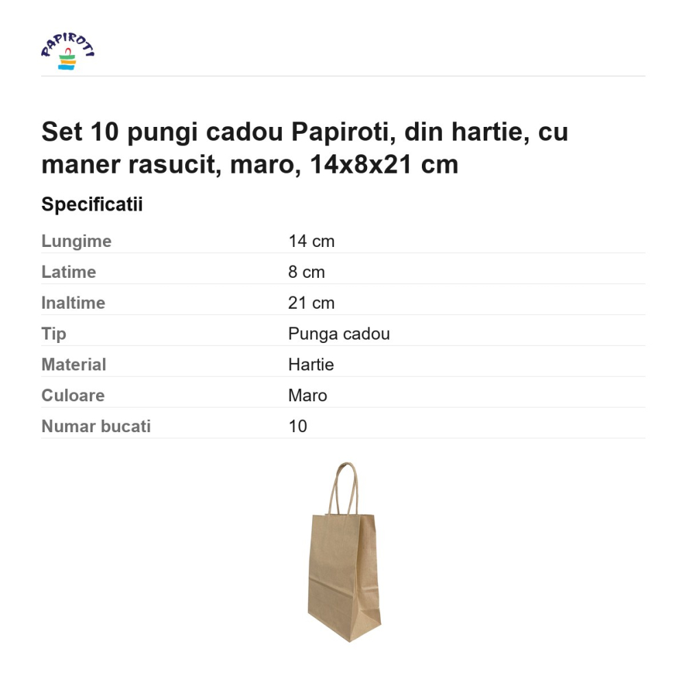 Set 10 pungi cadou Papiroti, din hartie, cu maner rasucit, maro, 14x8x21 cm [3]