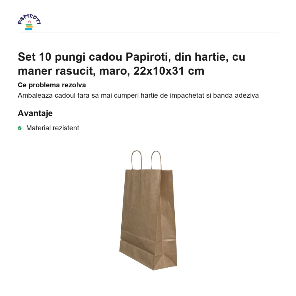 Set 10 pungi cadou Papiroti, din hartie, cu maner rasucit, maro, 22x10x31 cm [2]