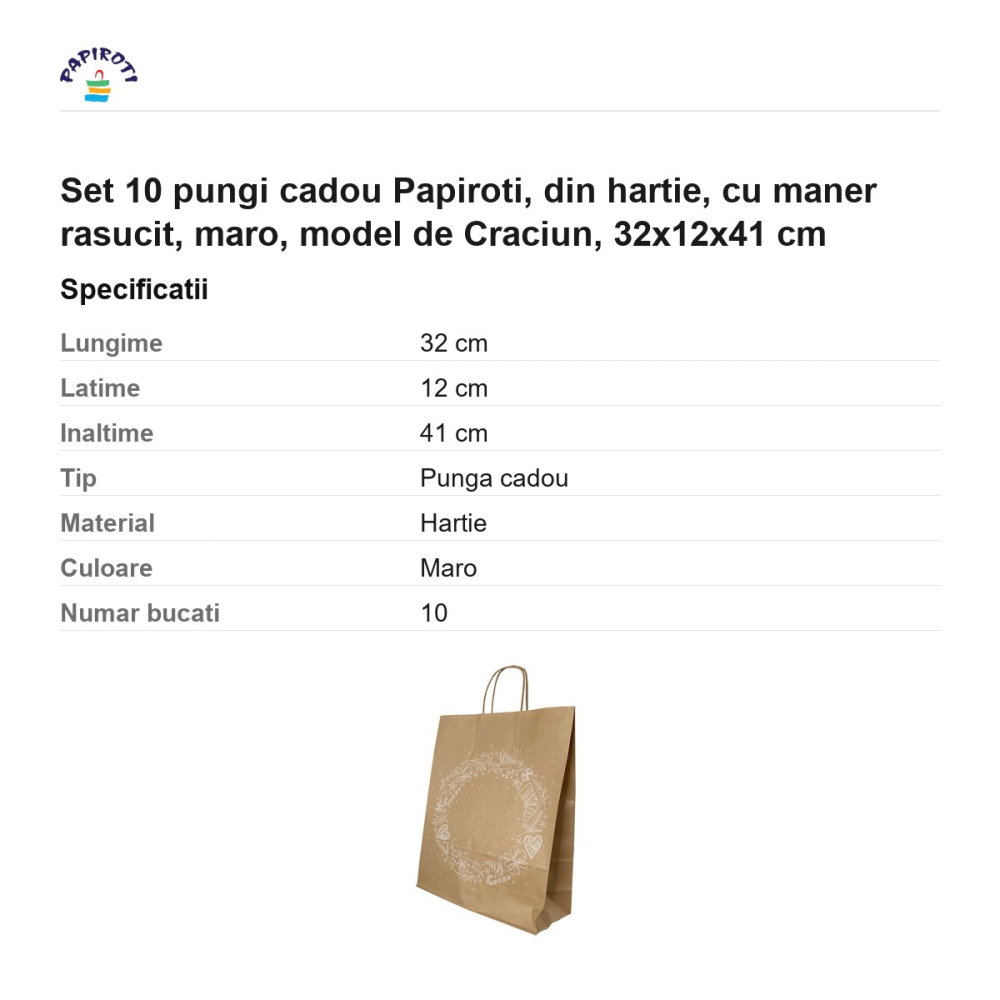 Set 10 pungi cadou Papiroti, din hartie, cu maner rasucit, maro, model de Craciun, 32x12x41 cm [3]