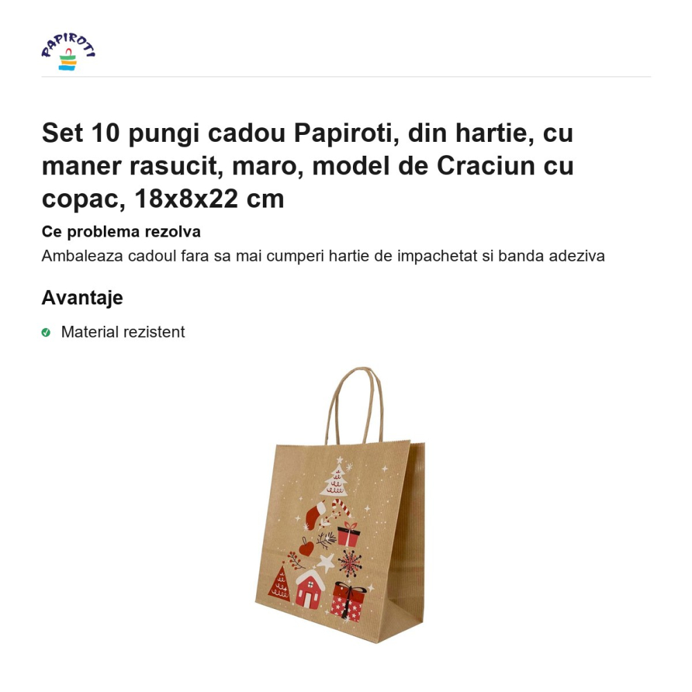Set 10 pungi cadou Papiroti, din hartie, cu maner rasucit, maro, model de Craciun cu copac, 18x8x22 cm [2]