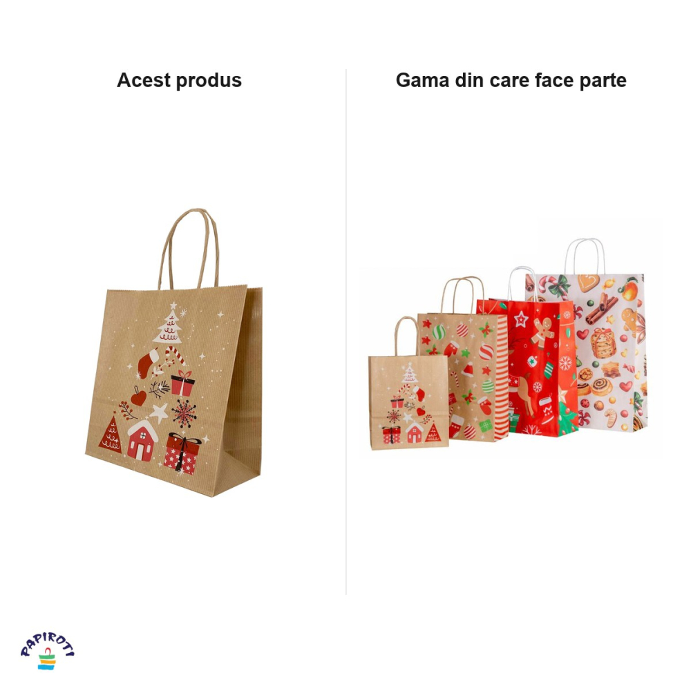 Set 10 pungi cadou Papiroti, din hartie, cu maner rasucit, maro, model de Craciun cu copac, 22x10x31 cm [4]