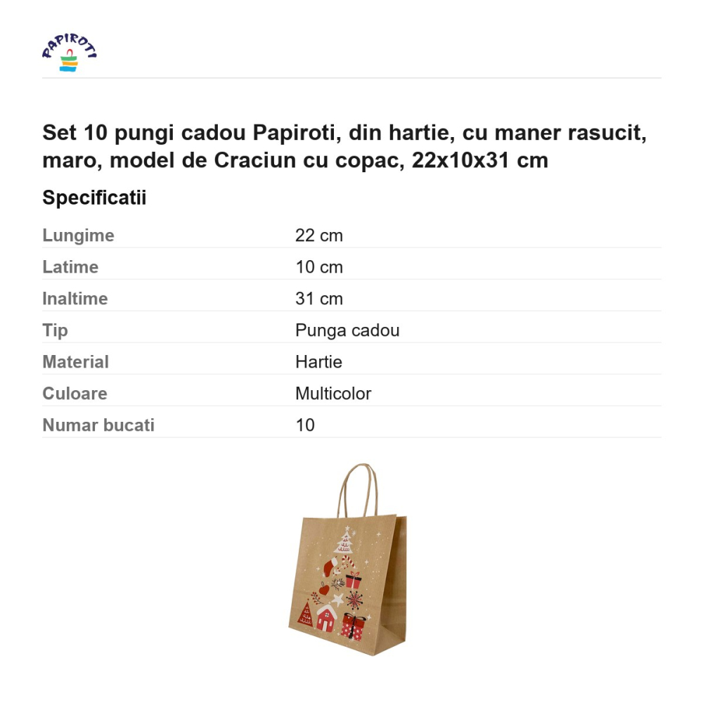 Set 10 pungi cadou Papiroti, din hartie, cu maner rasucit, maro, model de Craciun cu copac, 22x10x31 cm [3]