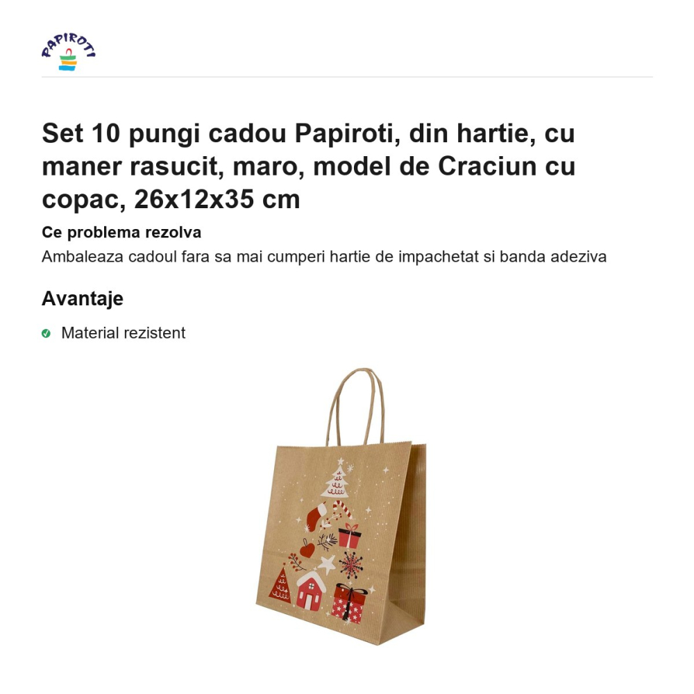 Set 10 pungi cadou Papiroti, din hartie, cu maner rasucit, maro, model de Craciun cu copac, 26x12x35 cm [2]