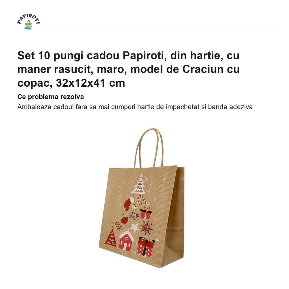 Set 10 pungi cadou Papiroti, din hartie, cu maner rasucit, maro, model de Craciun cu copac, 32x12x41 cm [2]