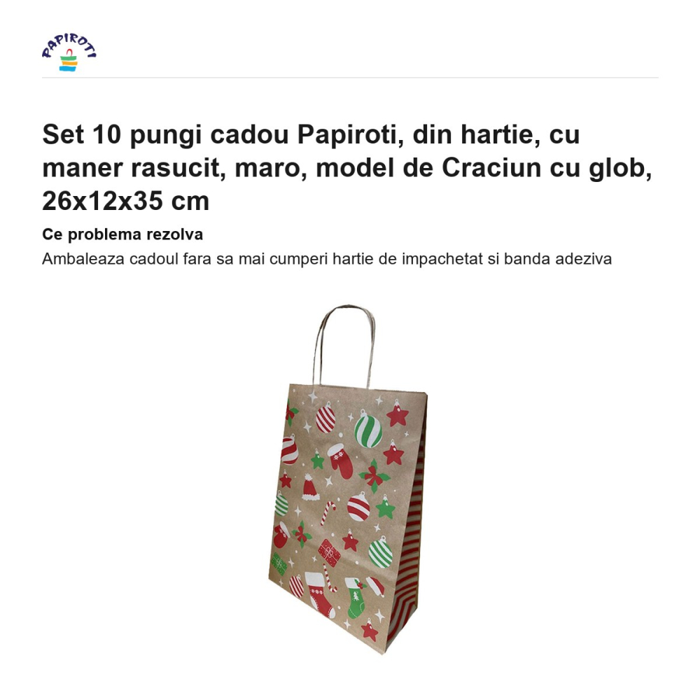 Set 10 pungi cadou Papiroti, din hartie, cu maner rasucit, maro, model de Craciun cu glob, 26x12x35 cm [2]