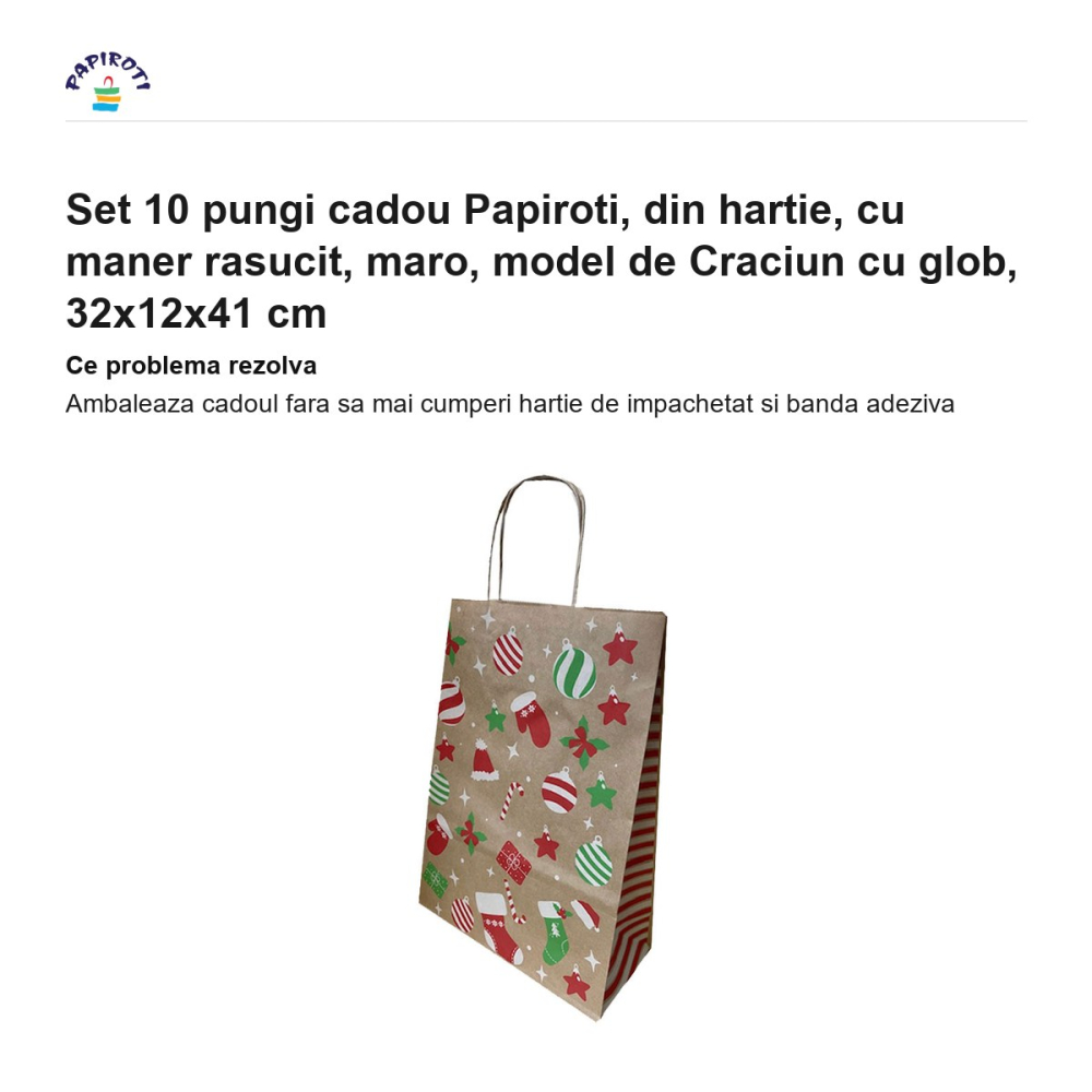 Set 10 pungi cadou Papiroti, din hartie, cu maner rasucit, maro, model de Craciun cu glob, 32x12x41 cm [2]