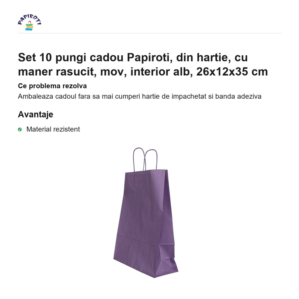 Set 10 pungi cadou Papiroti, din hartie, cu maner rasucit, mov, interior alb, 26x12x35 cm [2]