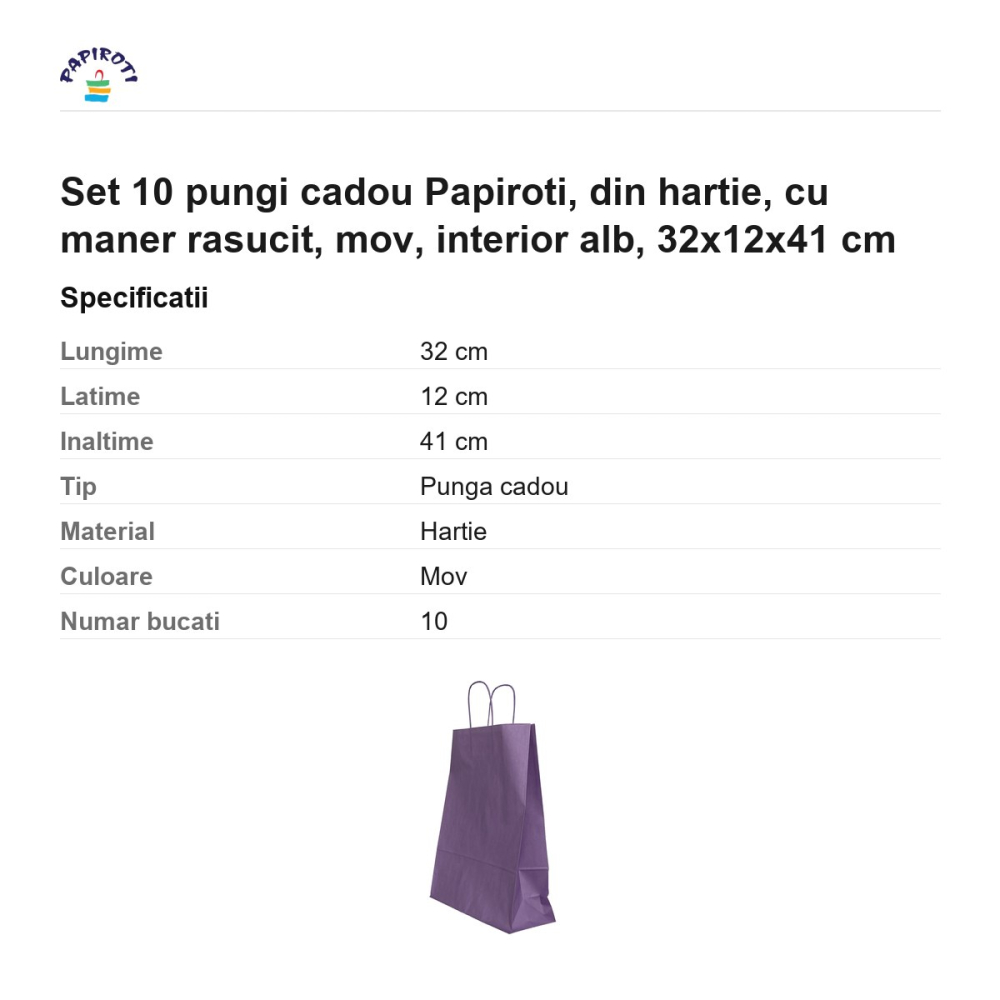 Set 10 pungi cadou Papiroti, din hartie, cu maner rasucit, mov, interior alb, 32x12x41 cm [3]