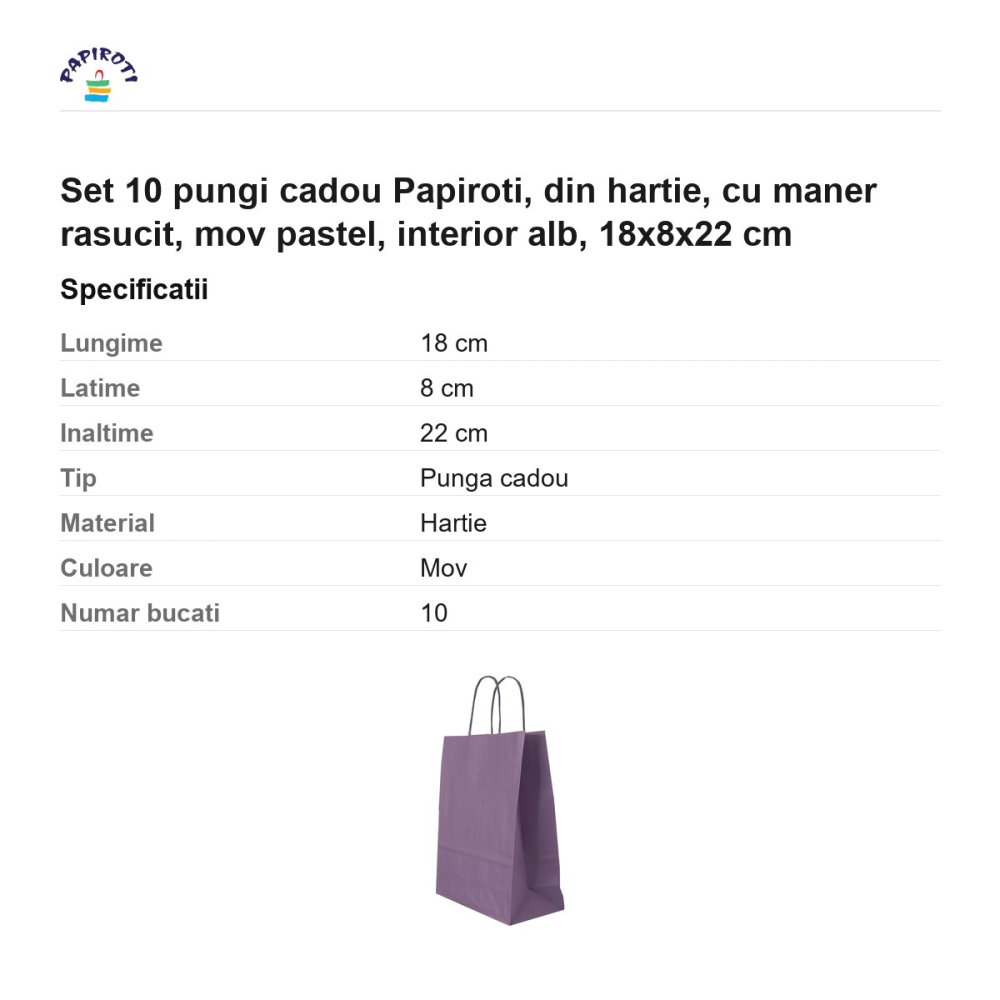 Set 10 pungi cadou Papiroti, din hartie, cu maner rasucit, mov pastel, interior alb, 18x8x22 cm [3]