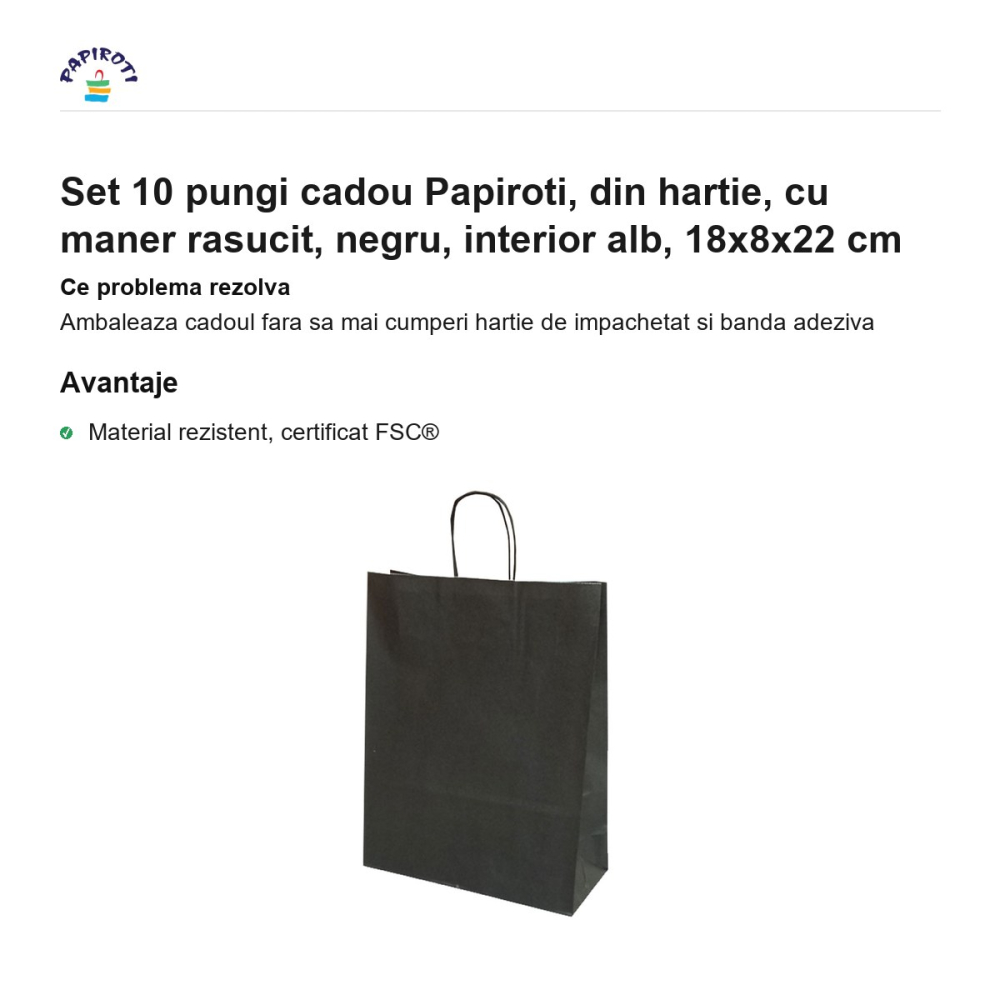 Set 10 pungi cadou Papiroti, din hartie, cu maner rasucit, negru, interior alb, 18x8x22 cm [2]