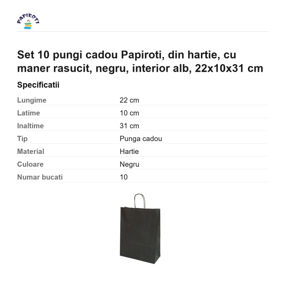 Set 10 pungi cadou Papiroti, din hartie, cu maner rasucit, negru, interior alb, 22x10x31 cm [3]