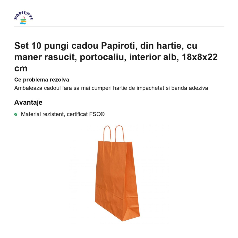 Set 10 pungi cadou Papiroti, din hartie, cu maner rasucit, portocaliu, interior alb, 18x8x22 cm [2]