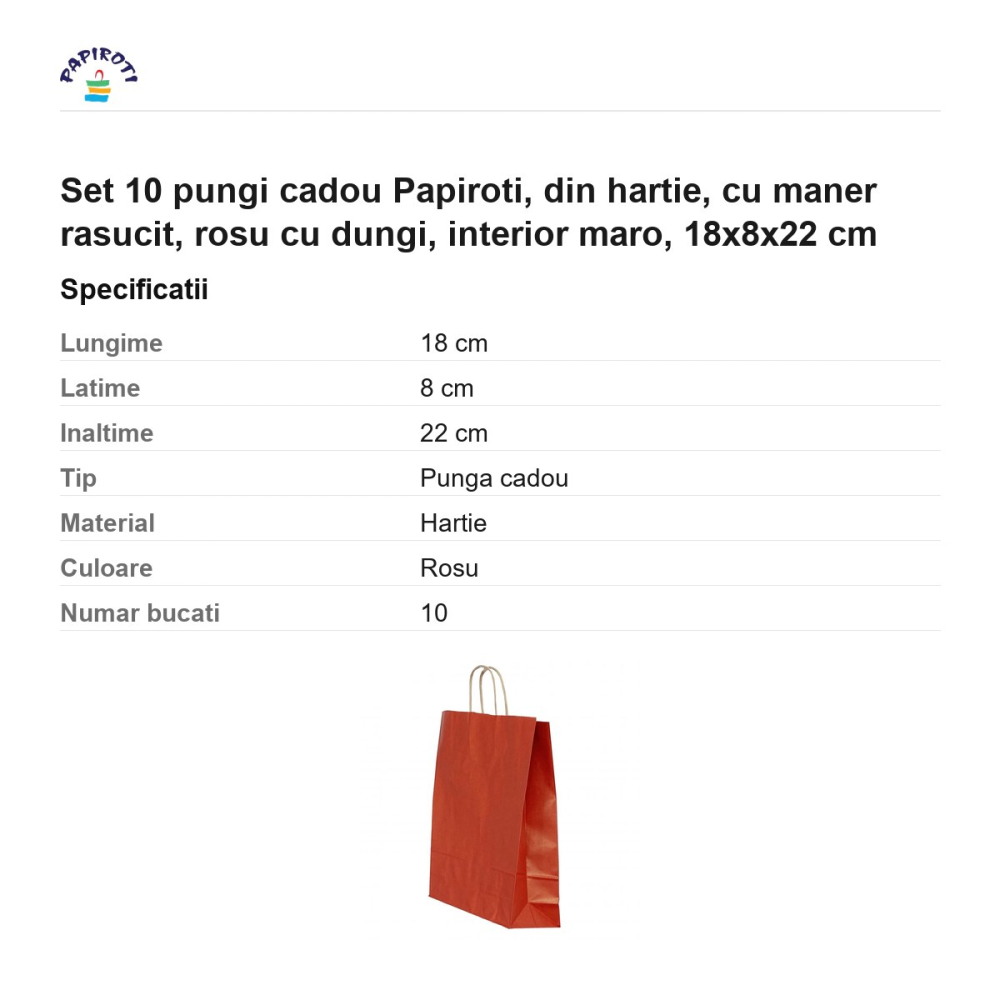 Set 10 pungi cadou Papiroti, din hartie, cu maner rasucit, rosu cu dungi, interior maro, 18x8x22 cm [3]